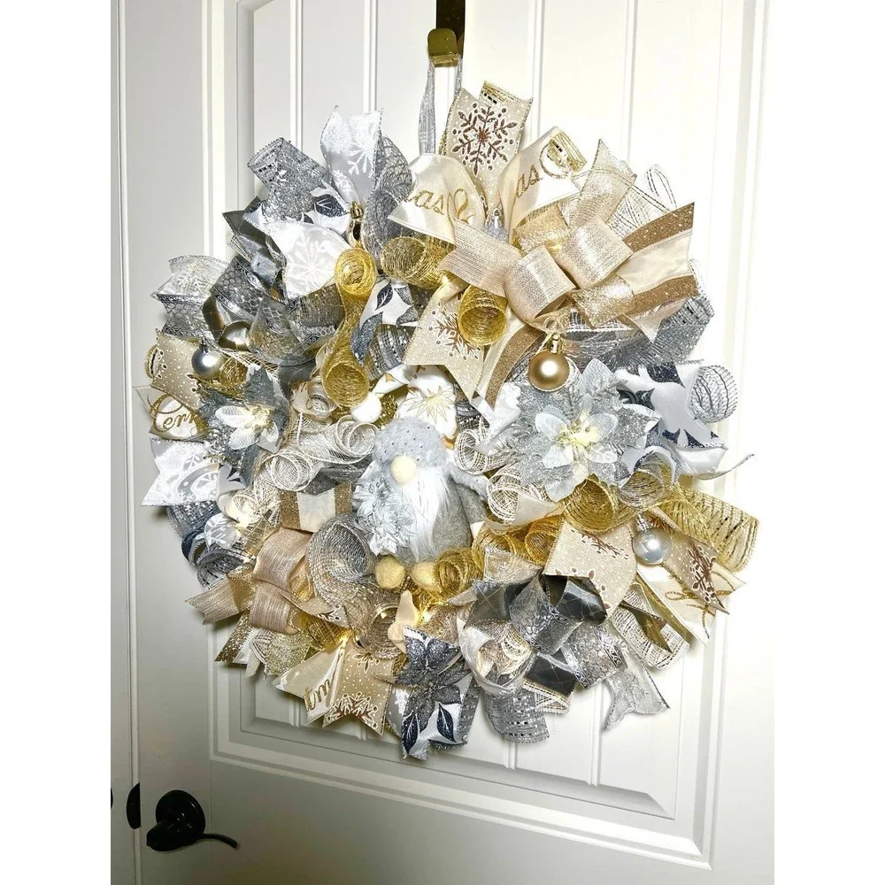 Handmade Christmas Gnome Holiday Ribbon Door Wreath 22 ins W60